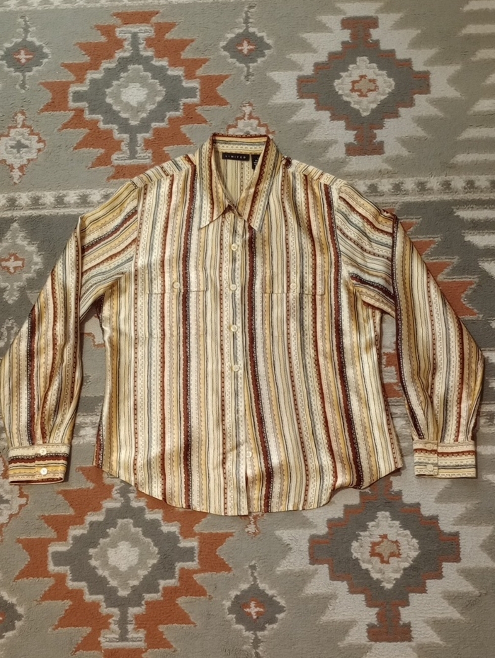 Limited Vintage Striped Long-Sleeve Silk Shirt - Cream & Brown